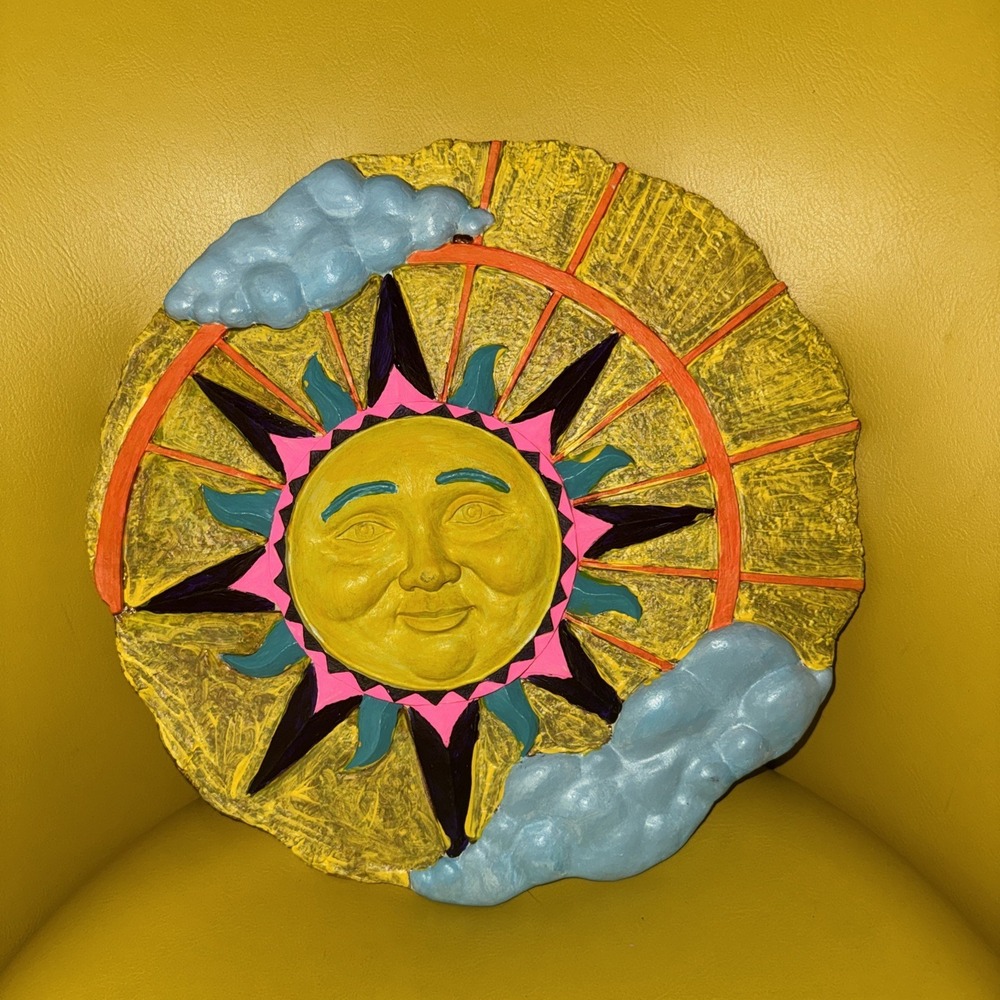 Vintage Colorful Sun Face Wall Plaque Southwestern Celestial Folk Art Decor 12"
